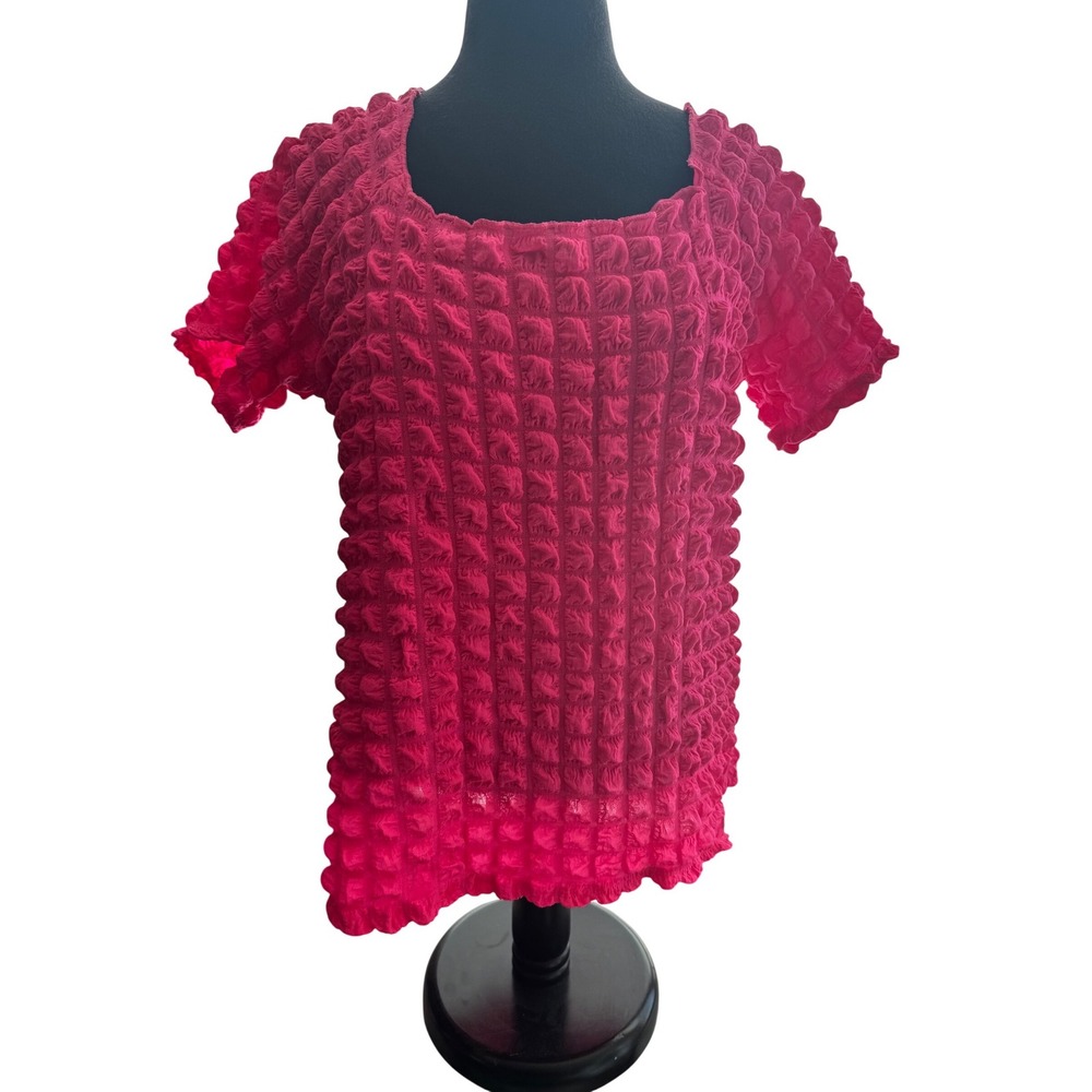 Like Love Hot Pink Popcorn Bubble Top Square Neck Short Sleeve Y2K‎ Blouse Large